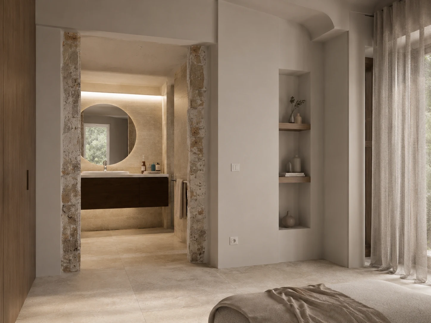 Interior rehabilitado con baño contemporáneo, materiales cálidos e iluminación indirecta