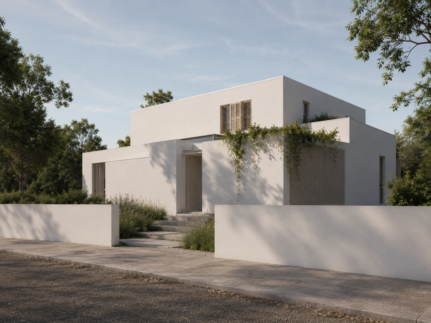 Vivienda unifamiliar contemporánea blanca integrada en vegetación