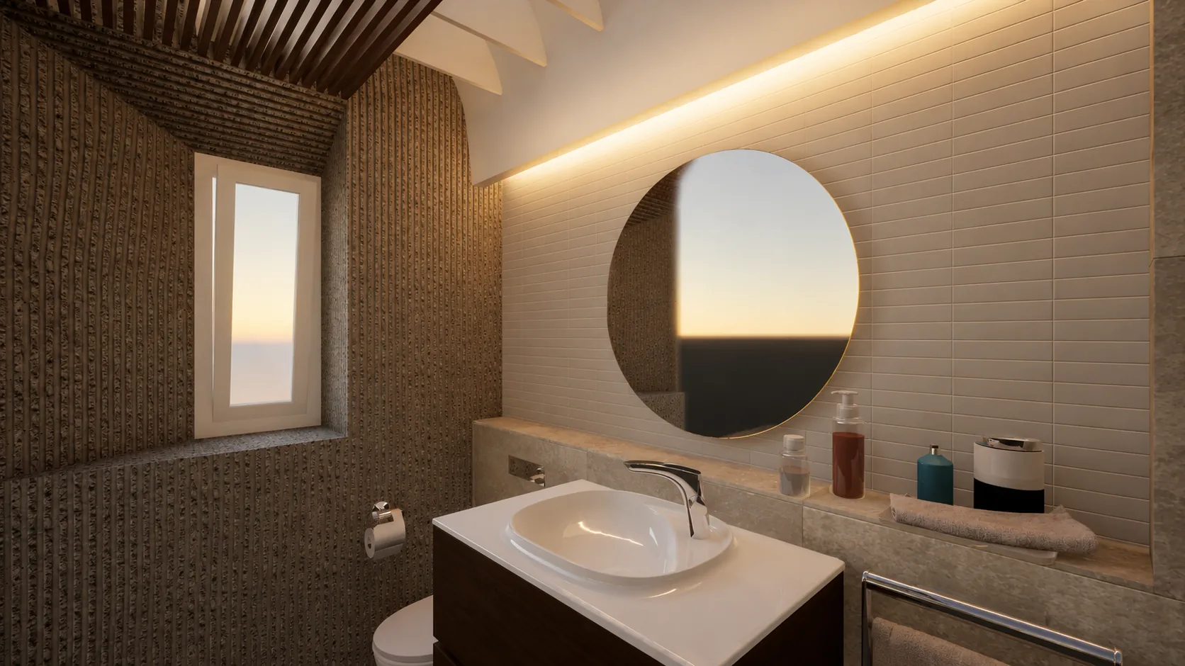 Interior de baño reformado con líneas limpias y atmósfera cálida
