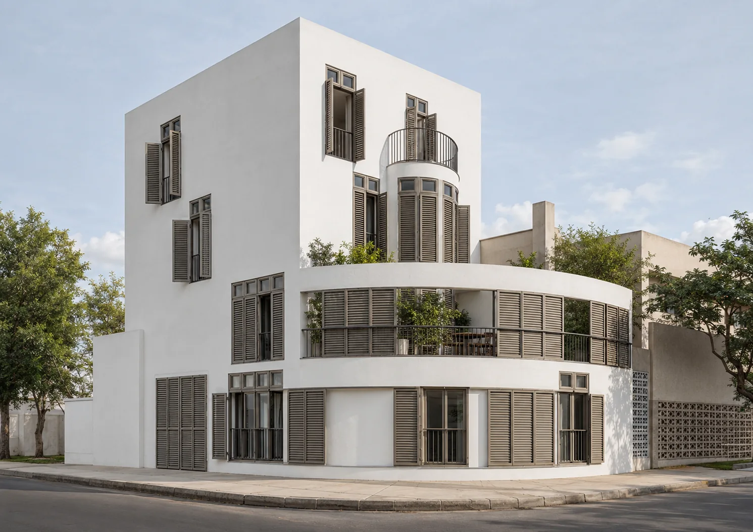 Vista exterior de Casa Duran en Guayaquil, vivienda blanca de varios niveles con fachada curva y mallorquinas.