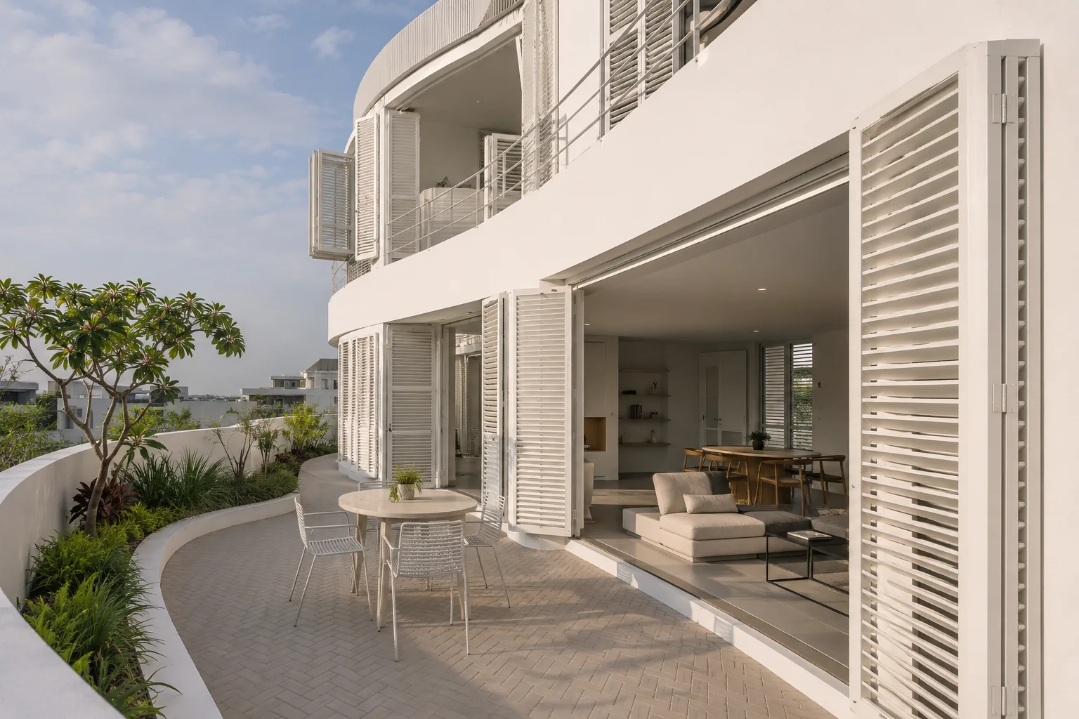 Terraza de Casa Duran con fachada curva, mallorquinas abiertas y relación entre salón y exterior.