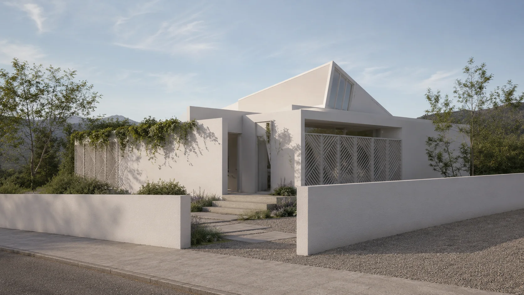 Vista exterior de Casa Jauregi en Estella, vivienda unifamiliar blanca con cubierta inclinada y lucernario.