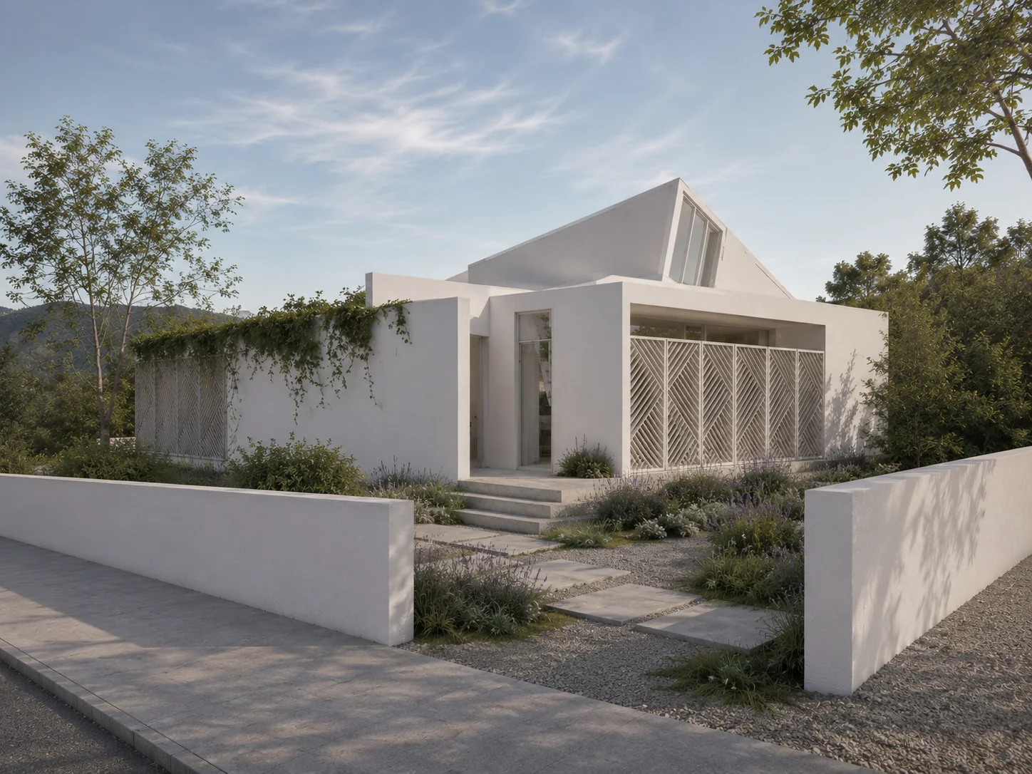 Acceso exterior ajardinado de Casa Jauregi con fachada blanca, lamas y cubierta inclinada.